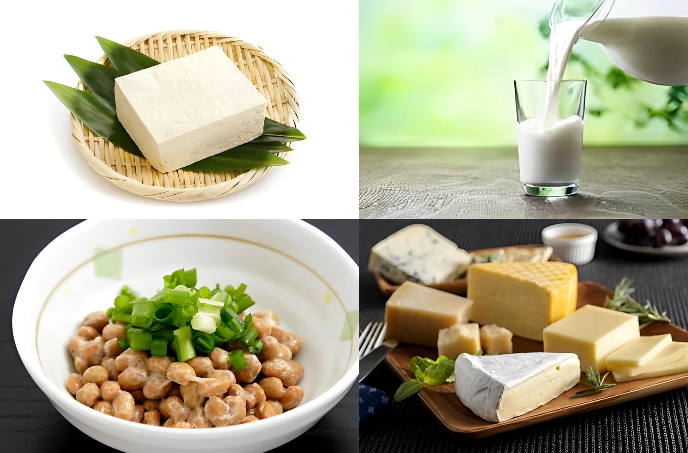 豆腐・牛乳・納豆・チーズの写真